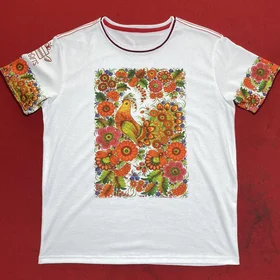 Футболки с полной запечаткой: Петриківка Чарівний птах у червоних квітах